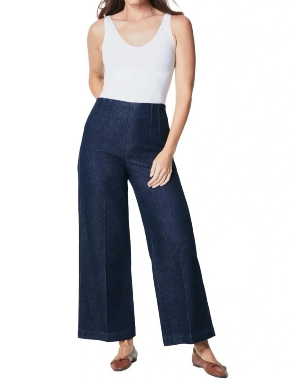 SPANX Petite High-Waist Denim Trousers in Dark Blue